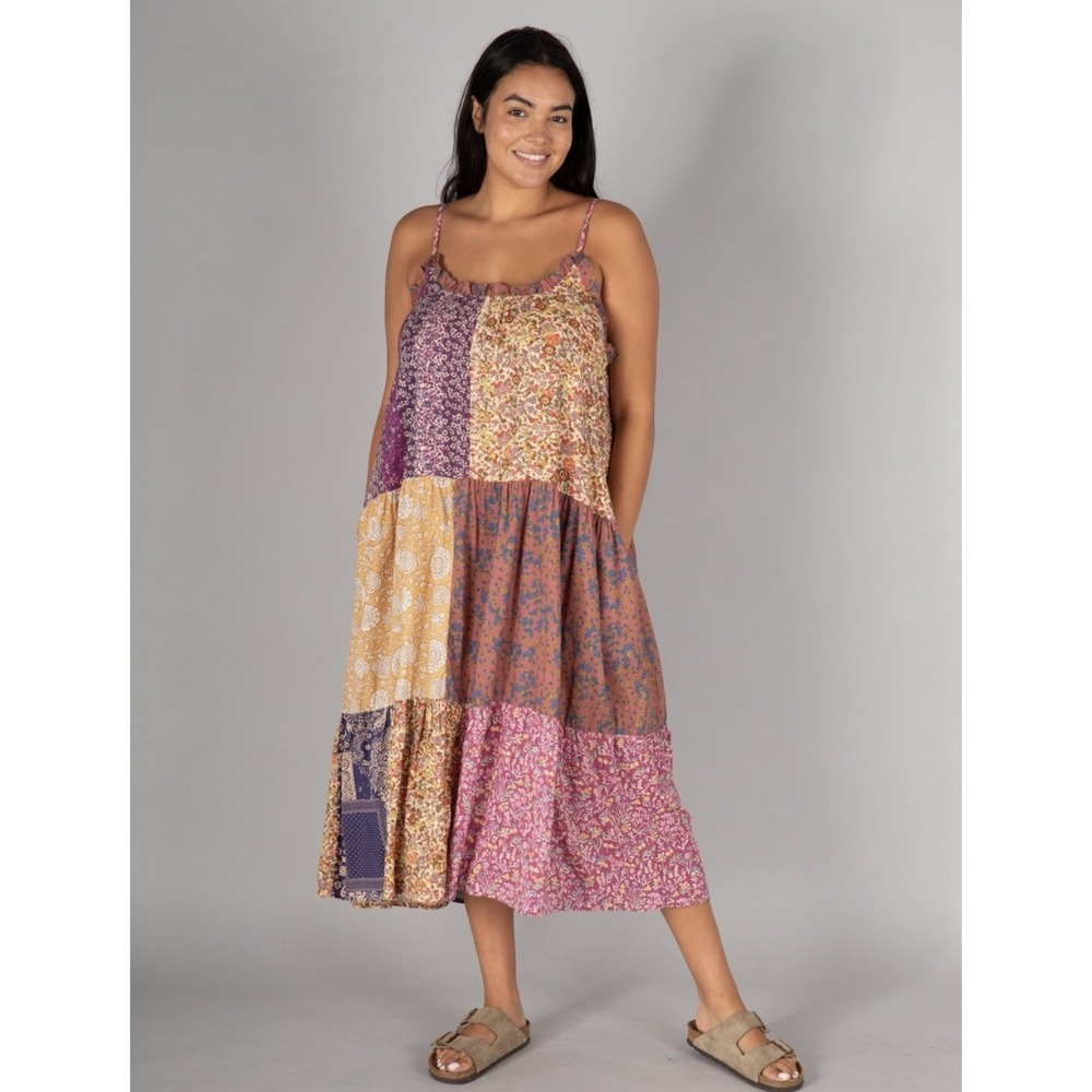 Natural Life Patchwork Tiered Midi Dress XS/S Floral Boho Cottagecore Goblincore